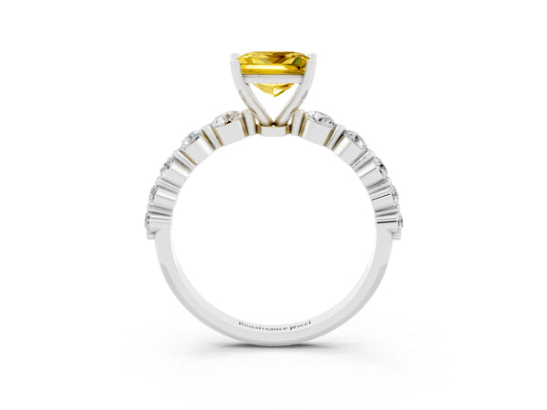 White gold Princess Cut Solitaire Yellow Sapphire Ring with Pave Band and Four-Prong Setting