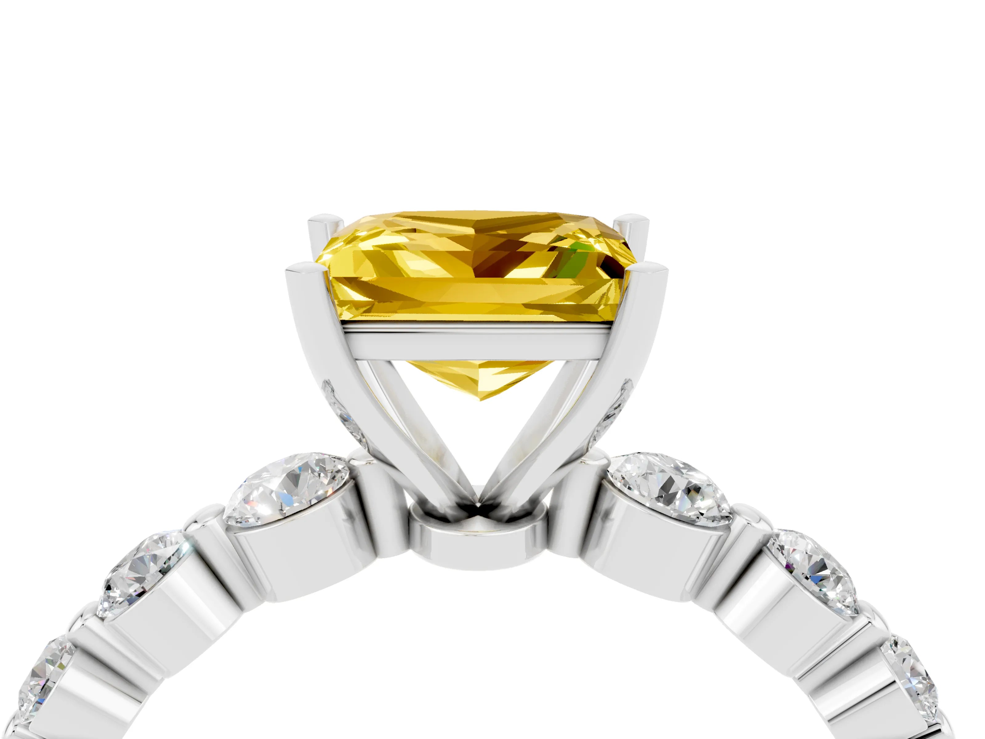White gold Princess Cut Solitaire Yellow Sapphire Ring with Pave Band and Four-Prong Setting_28