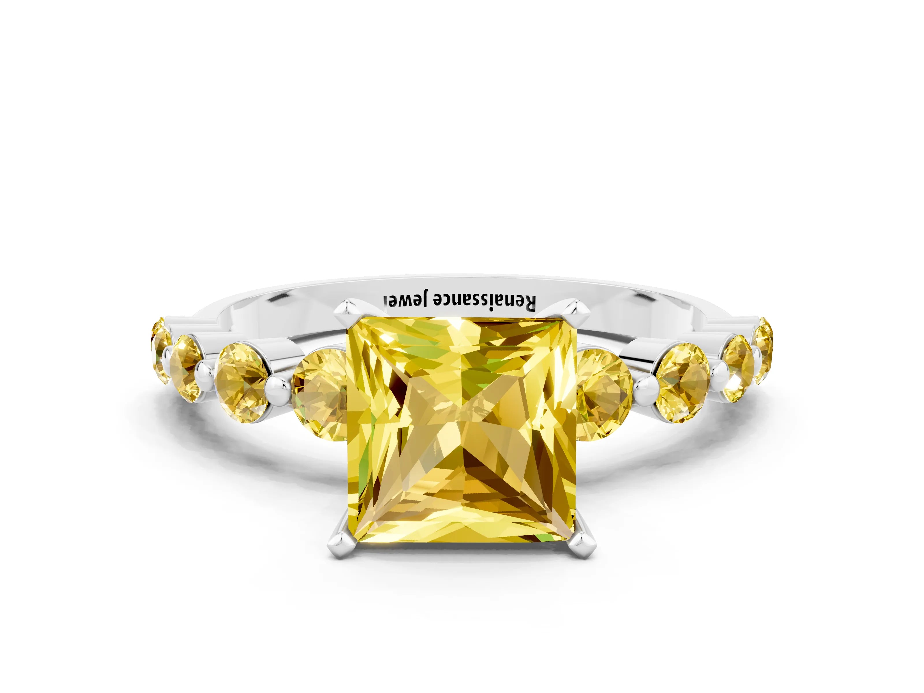White gold Princess Cut Solitaire Yellow Sapphire Ring with Pave Band and Four-Prong Setting