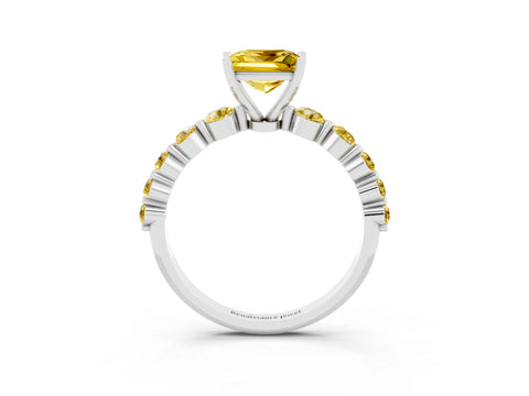 White gold Princess Cut Solitaire Yellow Sapphire Ring with Pave Band and Four-Prong Setting_3