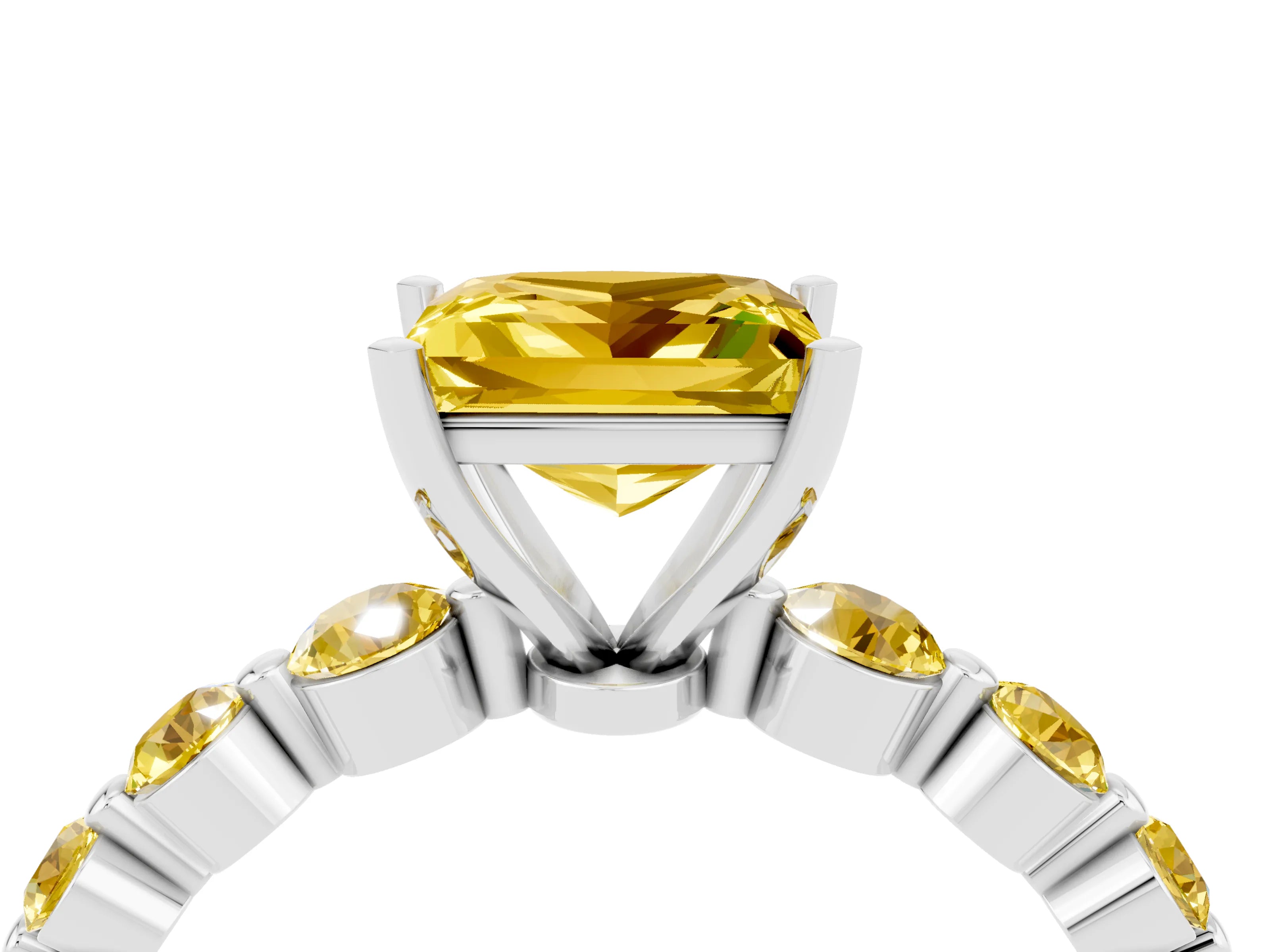White gold Princess Cut Solitaire Yellow Sapphire Ring with Pave Band and Four-Prong Setting_4
