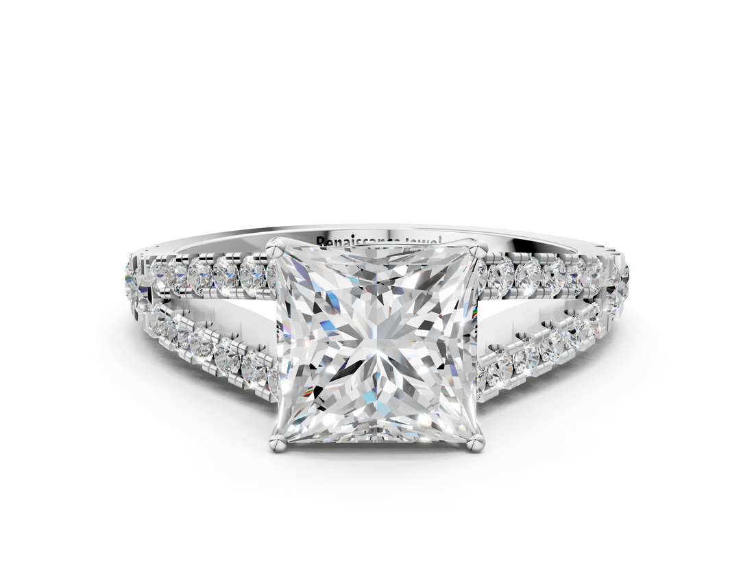 Silver 2.07 Carat F VS1 Princess Diamond Split Shank Pavé Engagement Ring with Four-Prong Setting