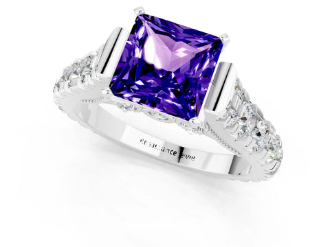 White gold Princess Cut Tanzanite Classic Solitaire Ring with Pavé Band and Four-Prong Setting_1