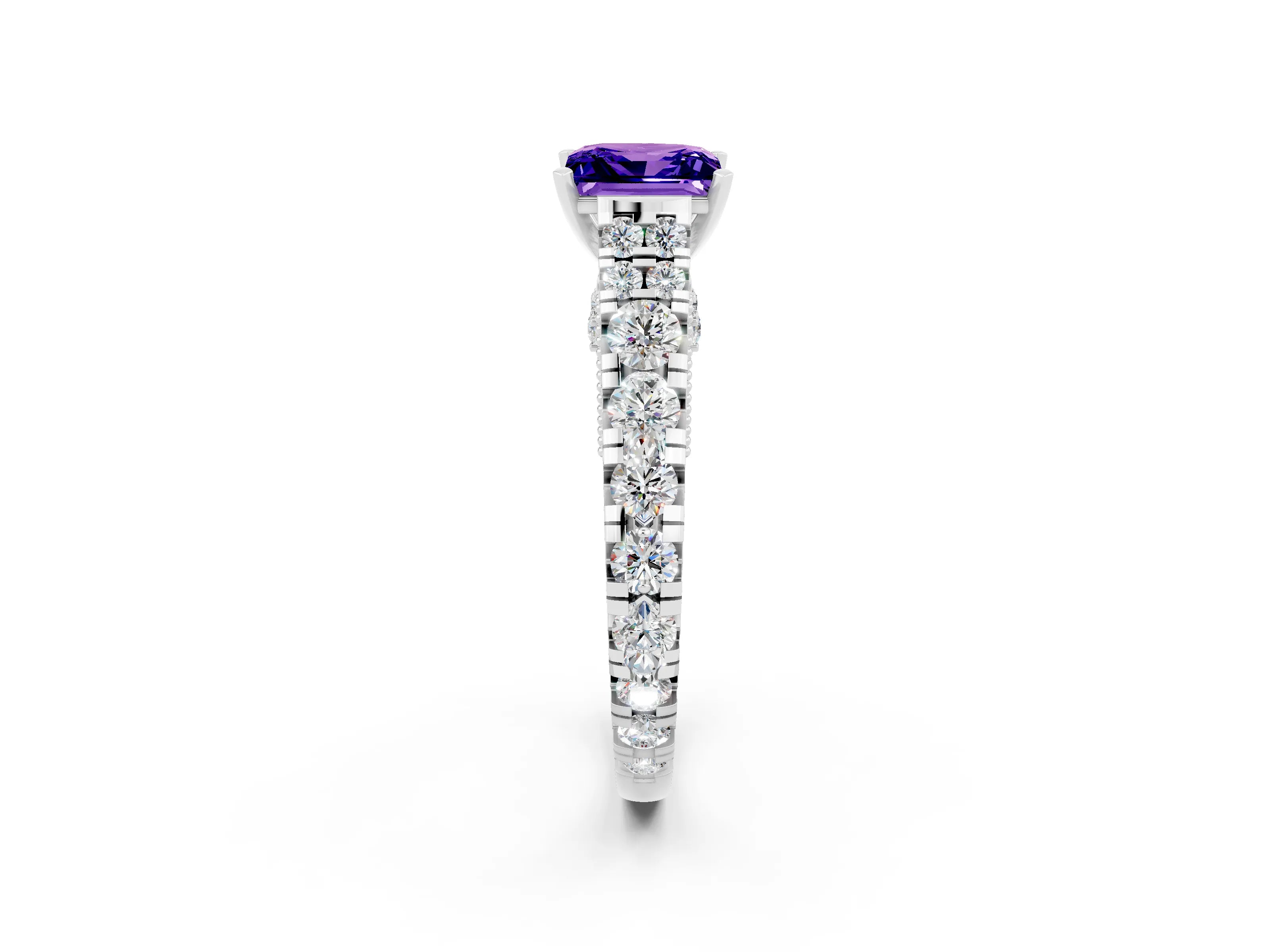 White gold Princess Cut Tanzanite Classic Solitaire Ring with Pavé Band and Four-Prong Setting_2