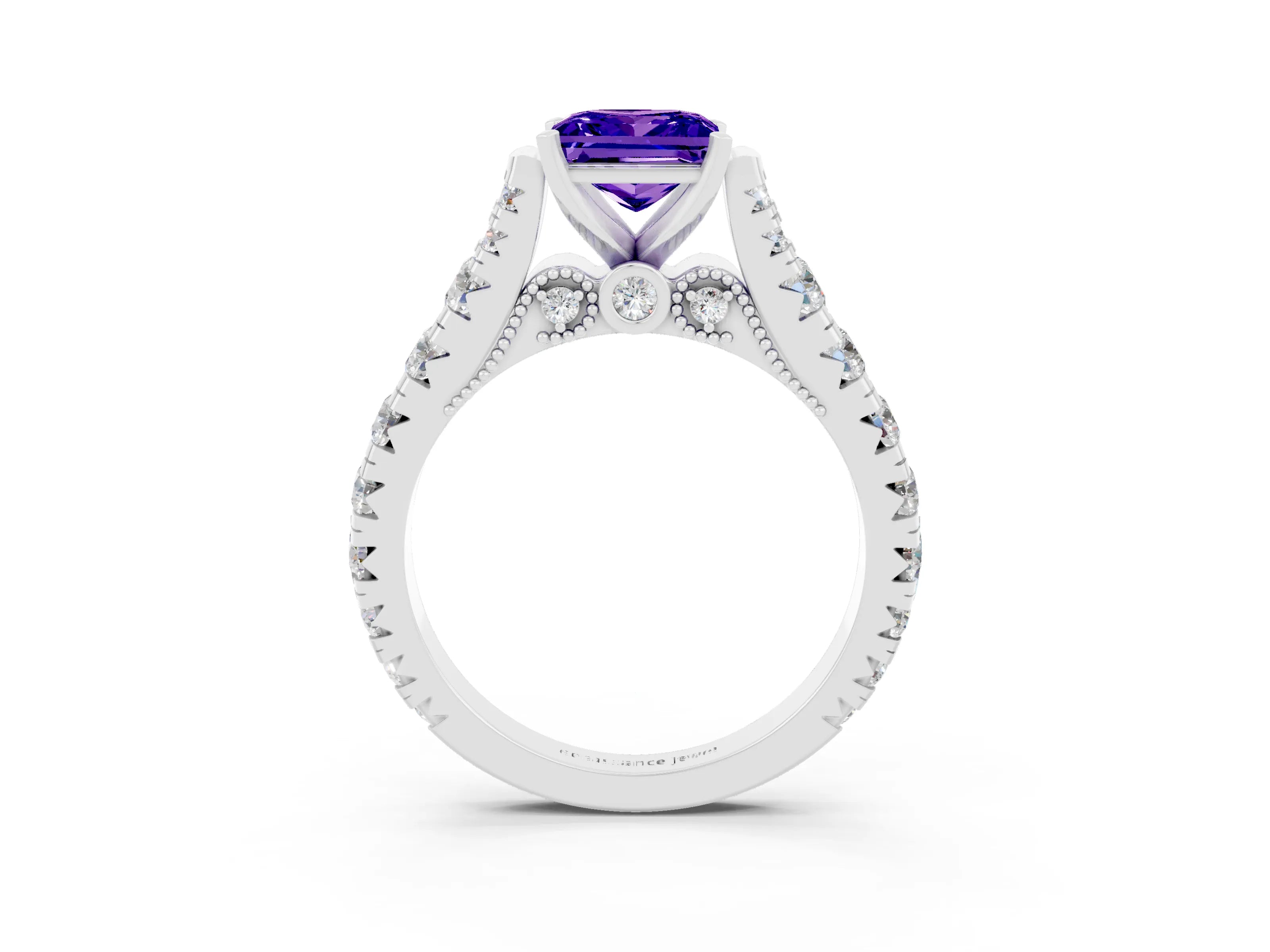 White gold Princess Cut Tanzanite Classic Solitaire Ring with Pavé Band and Four-Prong Setting_3