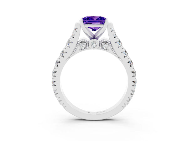 White gold Princess Cut Tanzanite Classic Solitaire Ring with Pavé Band and Four-Prong Setting