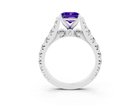 White gold Princess Cut Tanzanite Classic Solitaire Ring with Pavé Band and Four-Prong Setting_3