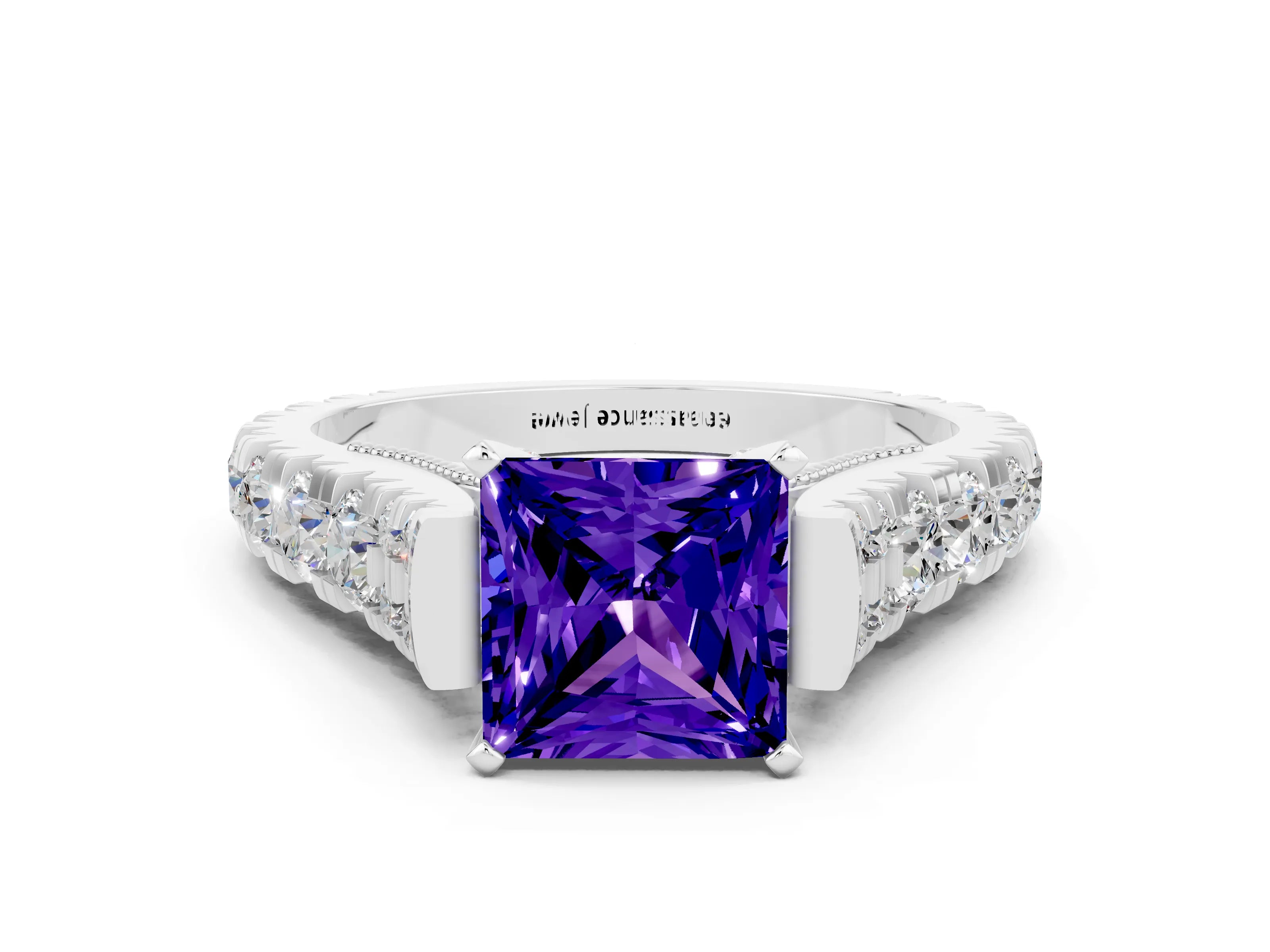 White gold Princess Cut Tanzanite Classic Solitaire Ring with Pavé Band and Four-Prong Setting