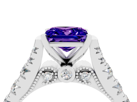 White gold Princess Cut Tanzanite Classic Solitaire Ring with Pavé Band and Four-Prong Setting_4