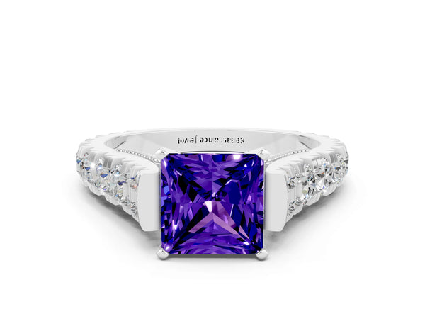 White gold Princess Cut Tanzanite Classic Solitaire Ring with Pavé Band and Four-Prong Setting