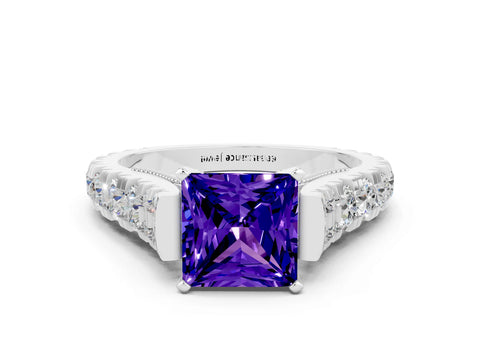 White gold Princess Cut Tanzanite Classic Solitaire Ring with Pavé Band and Four-Prong Setting