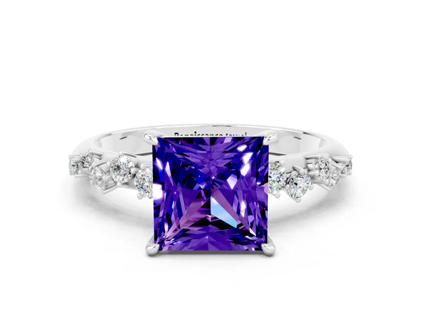 Platinum Princess Cut Tanzanite Cluster Side Stone Solitaire Ring with Prong Setting