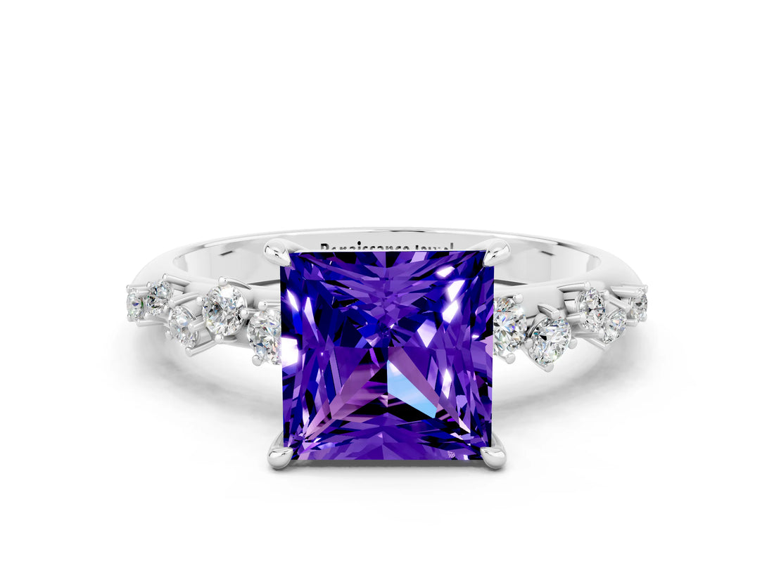White gold Princess Cut Tanzanite Cluster Side Stone Solitaire Ring with Prong Setting_24