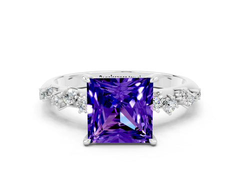 White gold Princess Cut Tanzanite Cluster Side Stone Solitaire Ring with Prong Setting_24