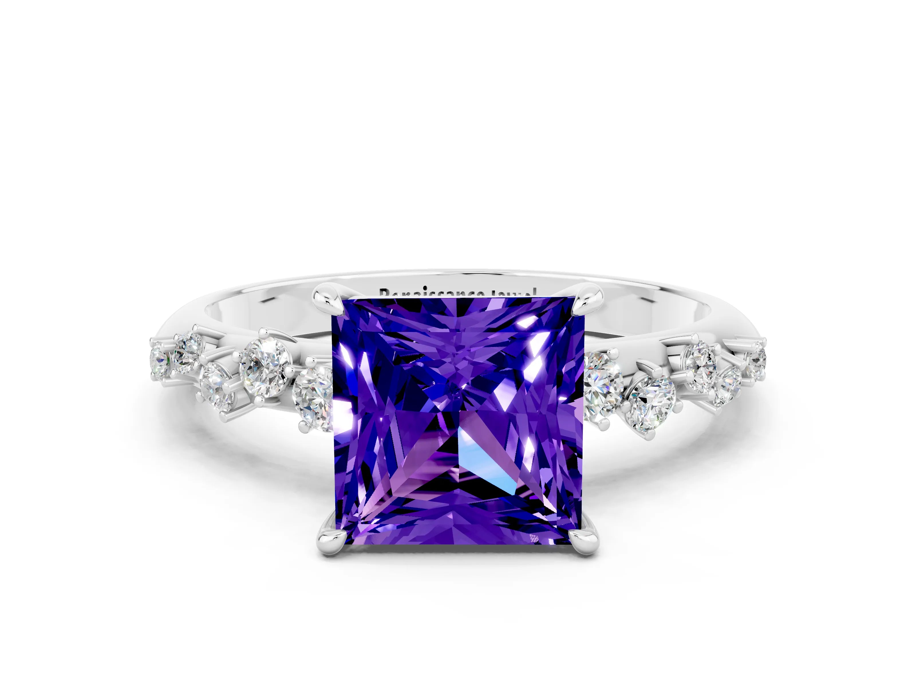 White gold Princess Cut Tanzanite Cluster Side Stone Solitaire Ring with Prong Setting_24