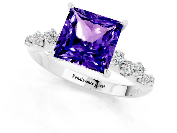 Silver Princess Cut Tanzanite Cluster Side Stone Solitaire Ring with Prong Setting