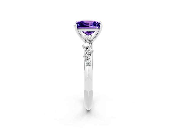 Silver Princess Cut Tanzanite Cluster Side Stone Solitaire Ring with Prong Setting
