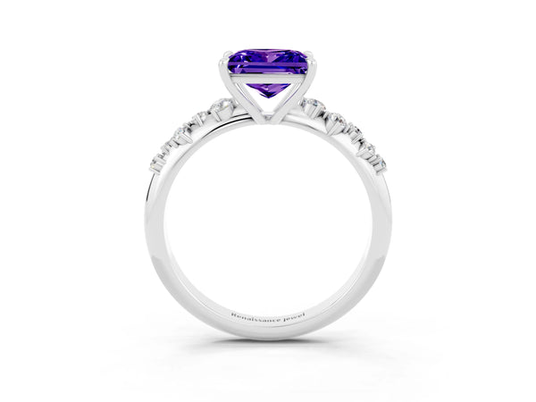 Platinum Princess Cut Tanzanite Cluster Side Stone Solitaire Ring with Prong Setting