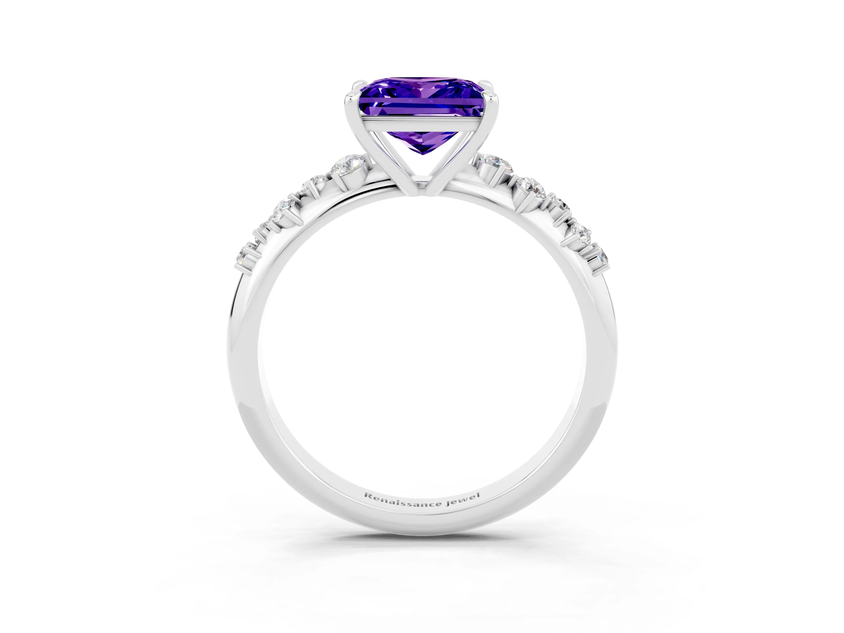 White gold Princess Cut Tanzanite Cluster Side Stone Solitaire Ring with Prong Setting_27
