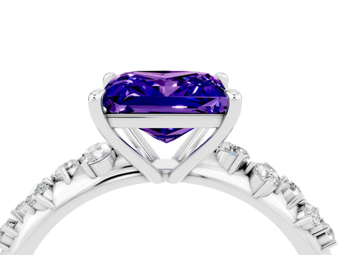White gold Princess Cut Tanzanite Cluster Side Stone Solitaire Ring with Prong Setting_28