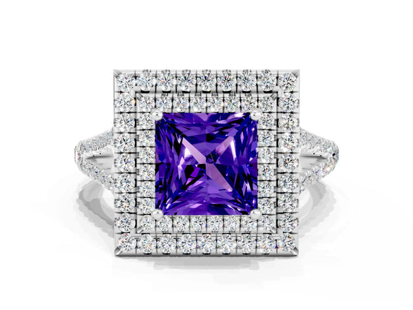 White gold Princess Cut Tanzanite Double Halo Ring with Pavé Band and Prong Setting