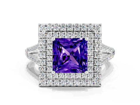 White gold Princess Cut Tanzanite Double Halo Ring with Pavé Band and Prong Setting_12