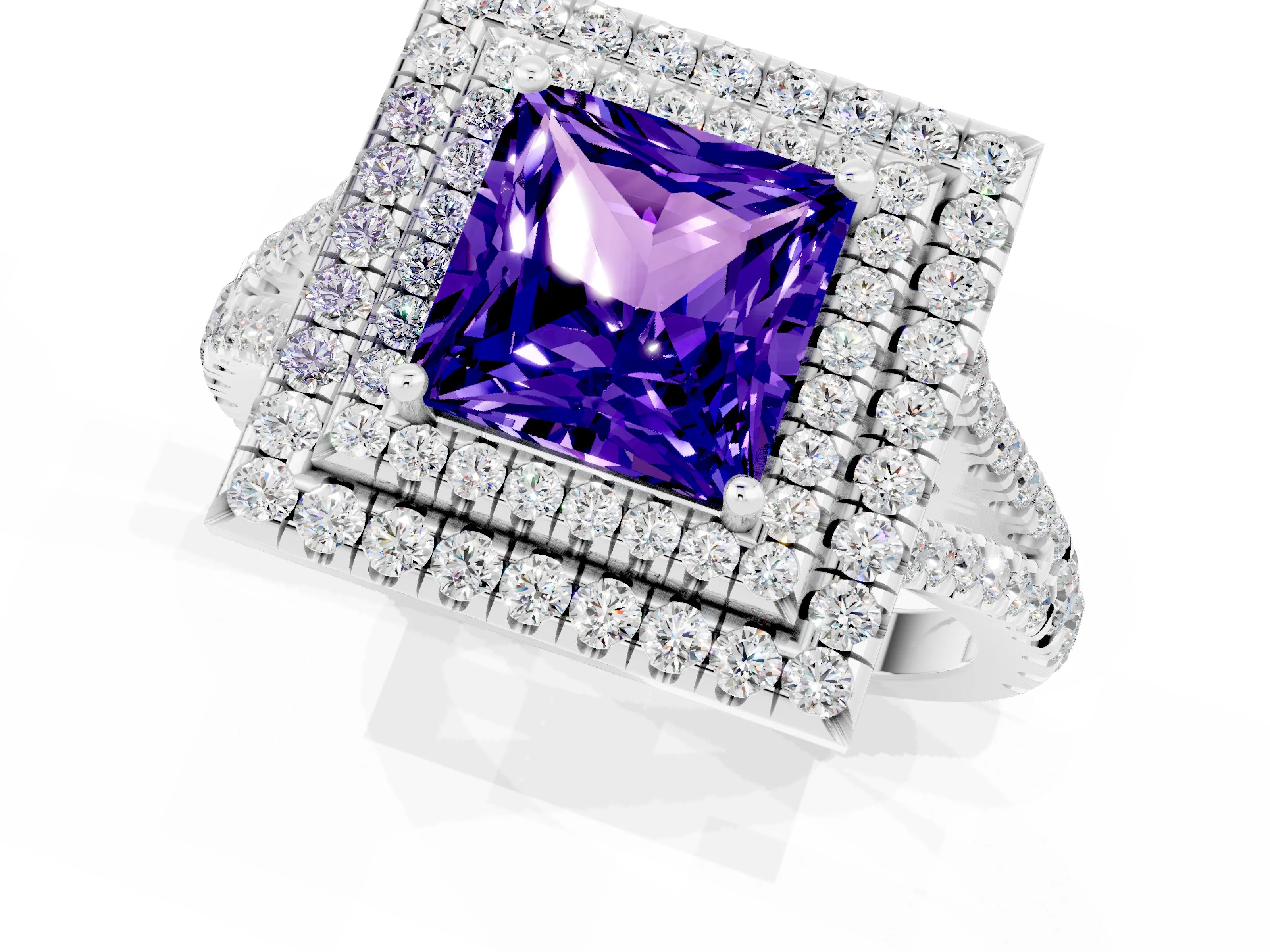 White gold Princess Cut Tanzanite Double Halo Ring with Pavé Band and Prong Setting_13