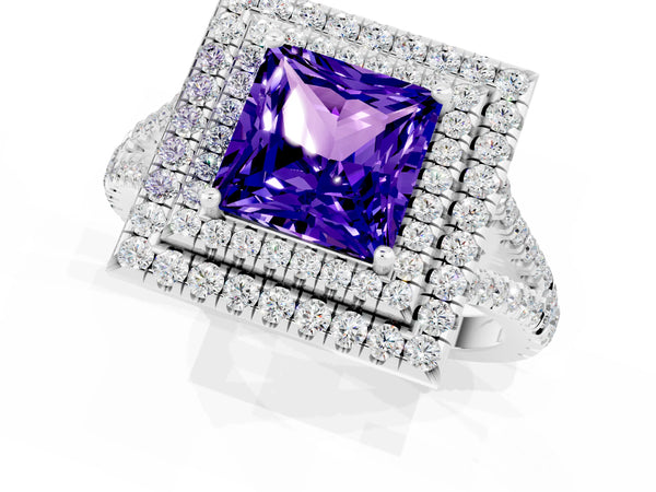 White gold Princess Cut Tanzanite Double Halo Ring with Pavé Band and Prong Setting