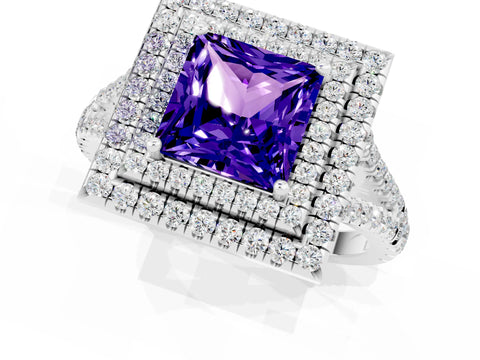White gold Princess Cut Tanzanite Double Halo Ring with Pavé Band and Prong Setting_13