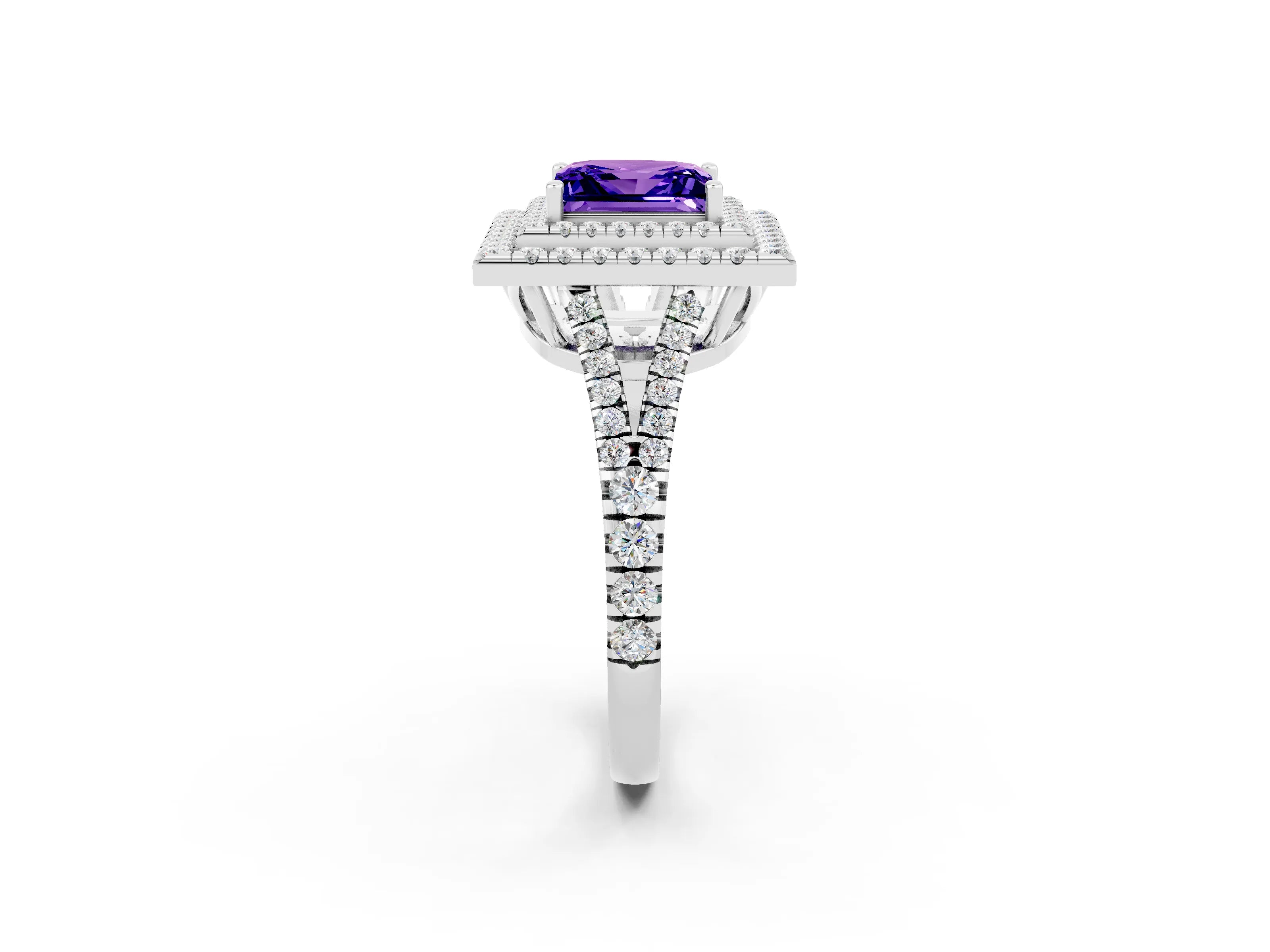 White gold Princess Cut Tanzanite Double Halo Ring with Pavé Band and Prong Setting_14