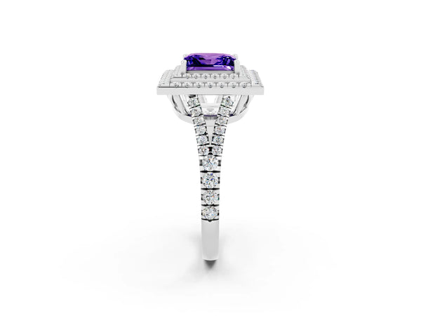 White gold Princess Cut Tanzanite Double Halo Ring with Pavé Band and Prong Setting