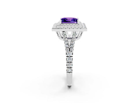 White gold Princess Cut Tanzanite Double Halo Ring with Pavé Band and Prong Setting_14