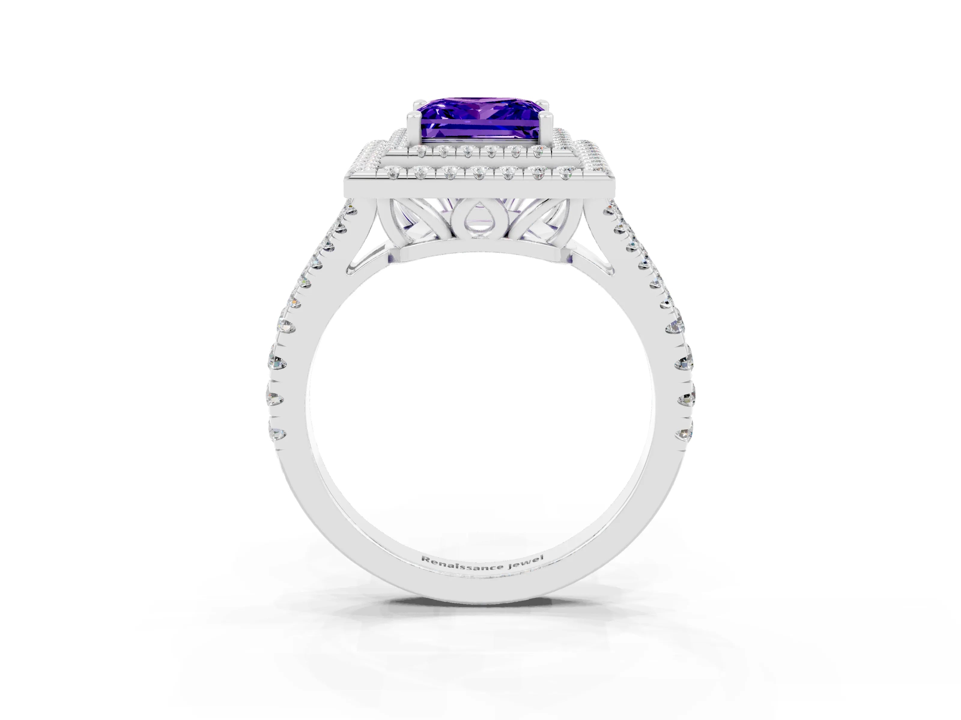 White gold Princess Cut Tanzanite Double Halo Ring with Pavé Band and Prong Setting_15