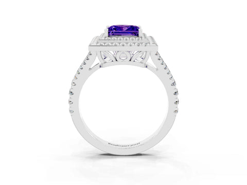 White gold Princess Cut Tanzanite Double Halo Ring with Pavé Band and Prong Setting_15