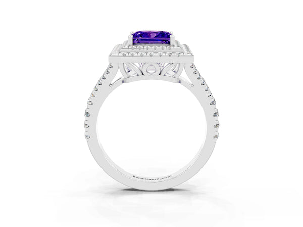 Silver Princess Cut Tanzanite Double Halo Ring with Pavé Band and Prong Setting