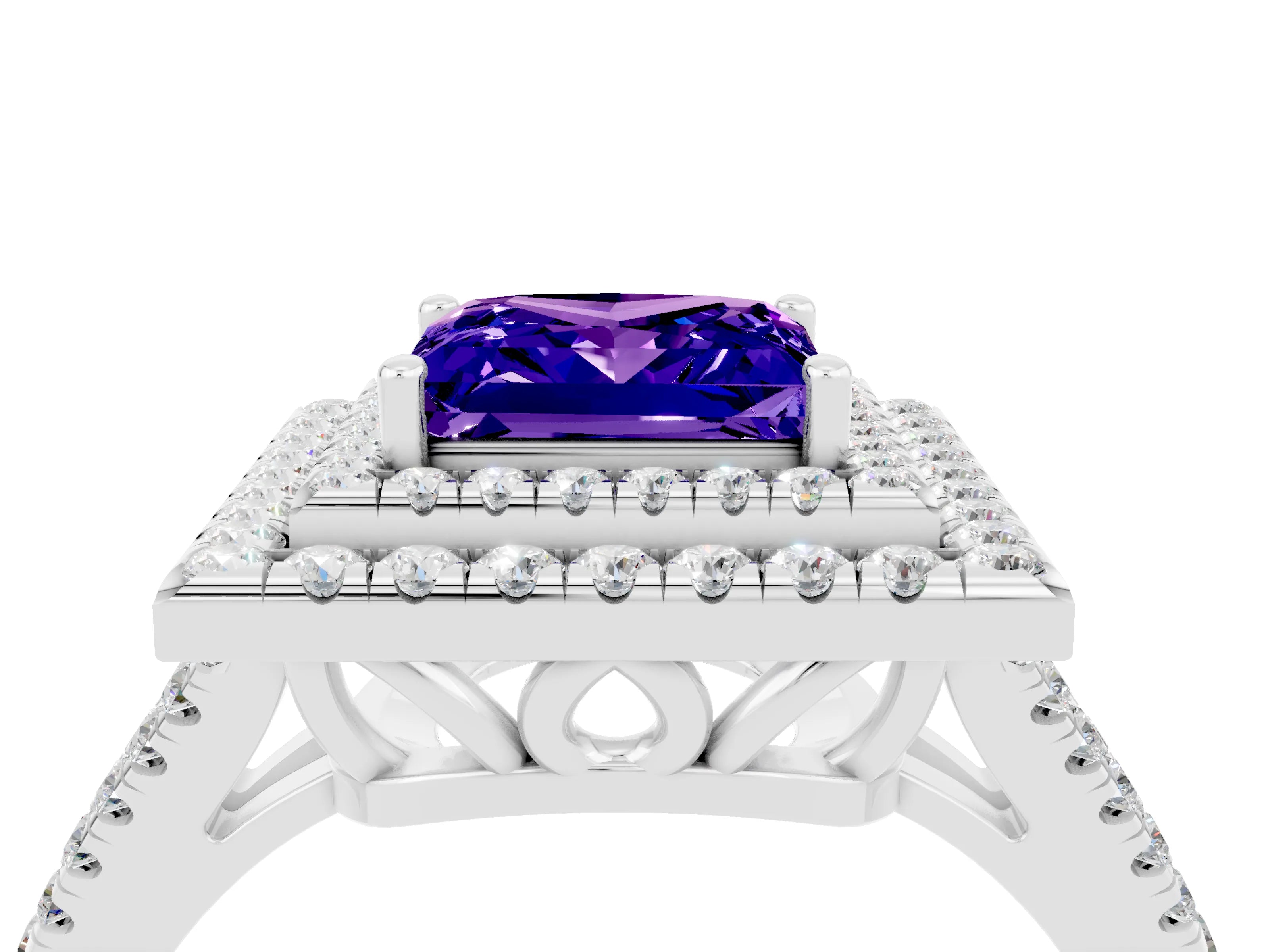 White gold Princess Cut Tanzanite Double Halo Ring with Pavé Band and Prong Setting_16