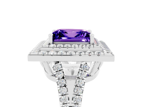 White gold Princess Cut Tanzanite Double Halo Ring with Pavé Band and Prong Setting_17