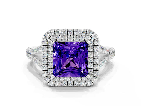 White gold Princess Cut Tanzanite Double Halo Ring with Split Shank and Prong Setting_12