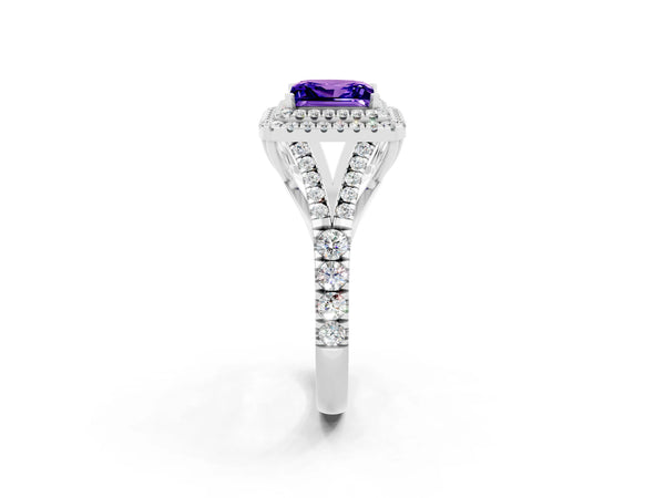 Platinum Princess Cut Tanzanite Double Halo Ring with Split Shank and Prong Setting