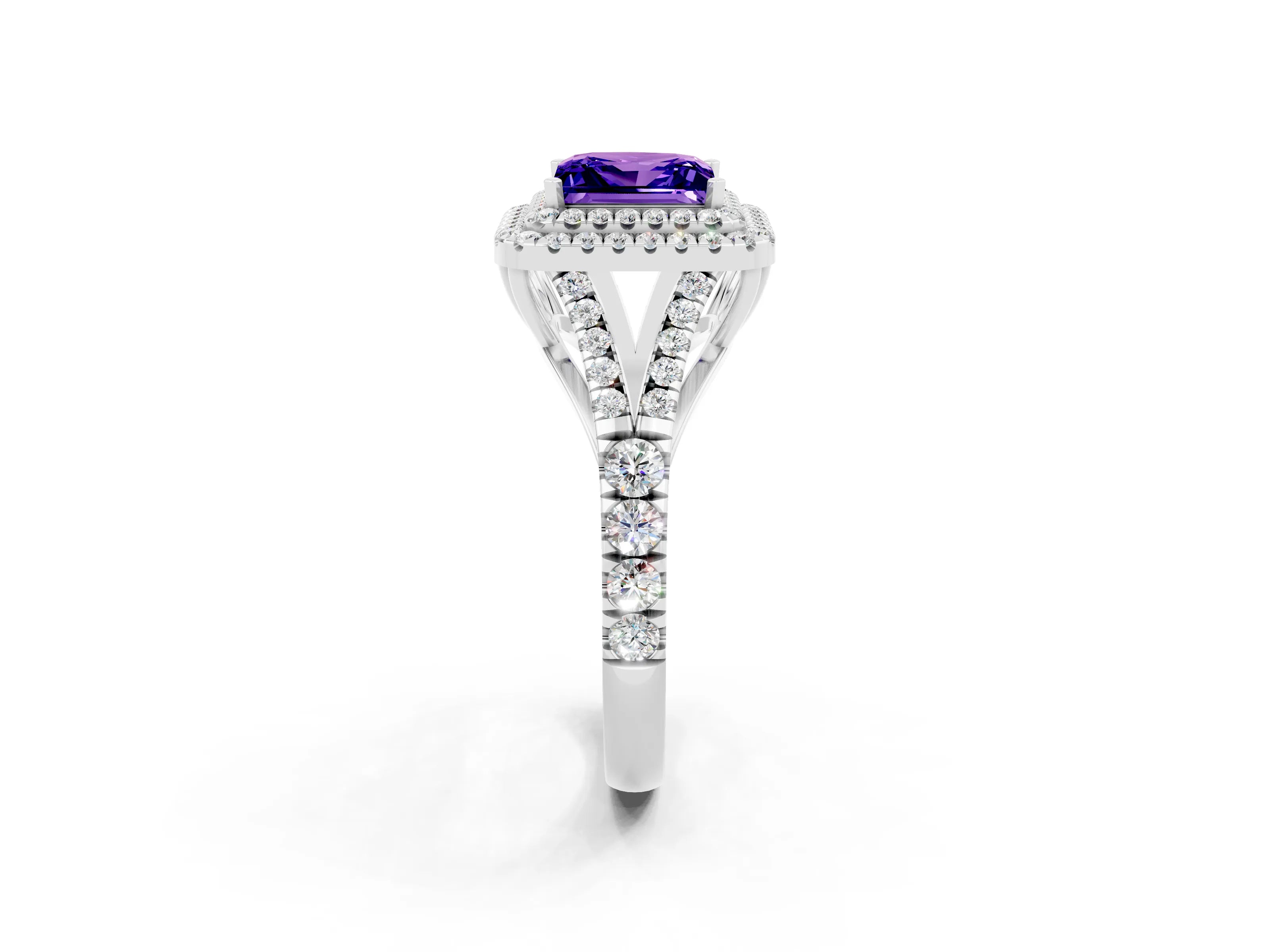 White gold Princess Cut Tanzanite Double Halo Ring with Split Shank and Prong Setting_14