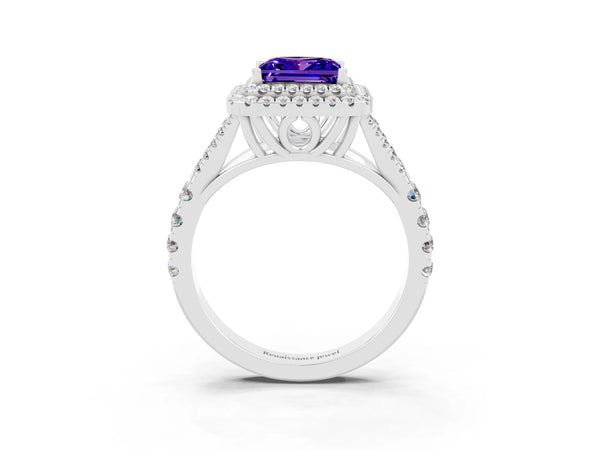 Platinum Princess Cut Tanzanite Double Halo Ring with Split Shank and Prong Setting