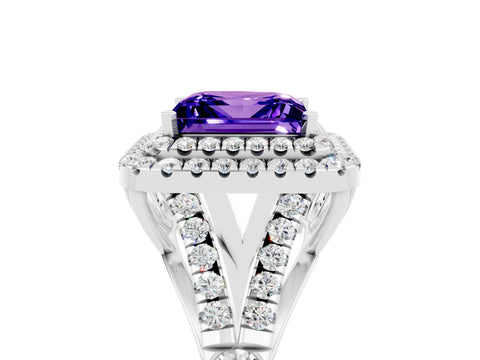 White gold Princess Cut Tanzanite Double Halo Ring with Split Shank and Prong Setting_17