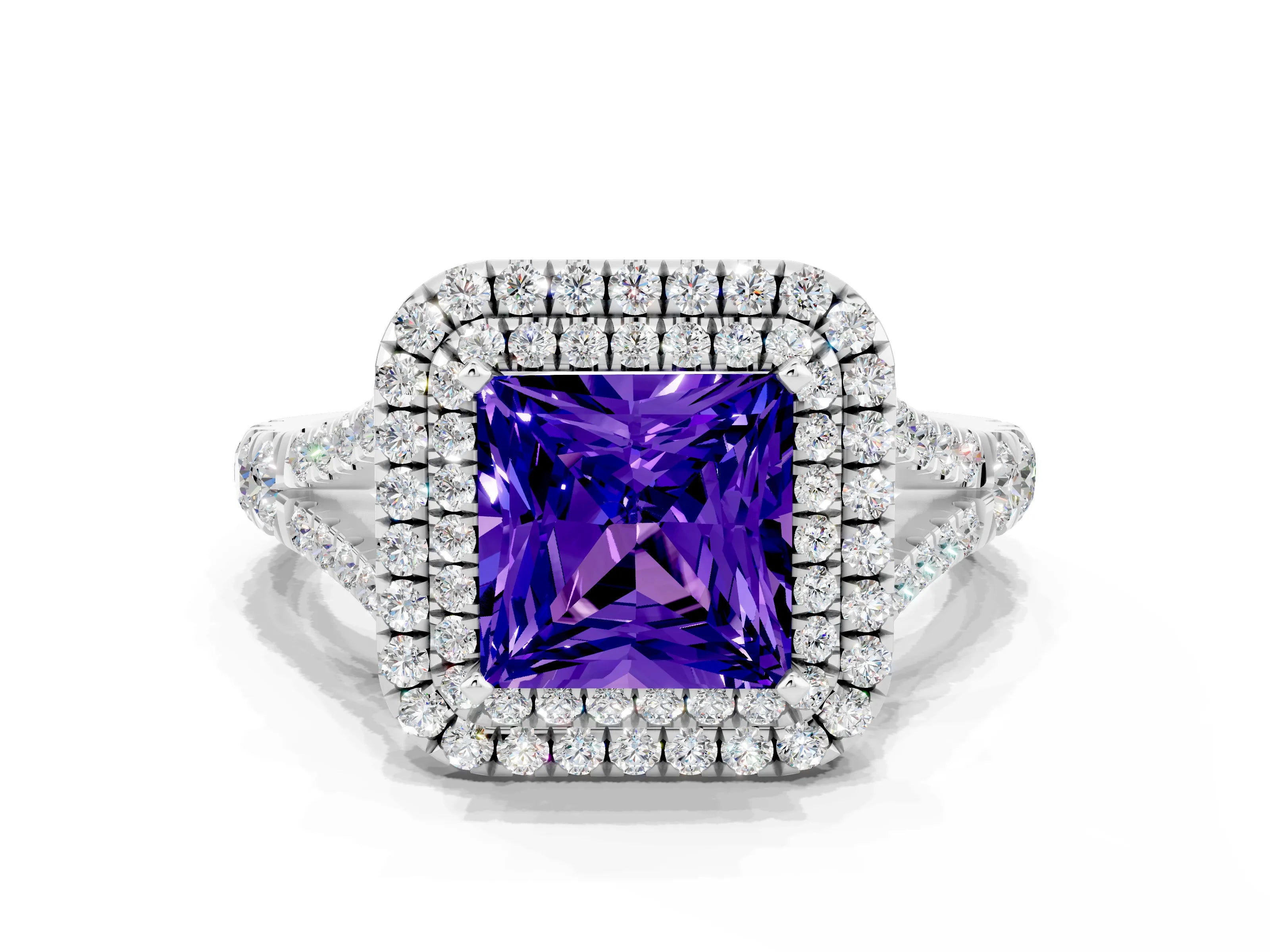 White gold Princess Cut Tanzanite Double Halo Ring with Split Shank and Prong Setting_24