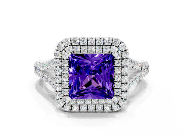 White gold Princess Cut Tanzanite Double Halo Ring with Split Shank and Prong Setting