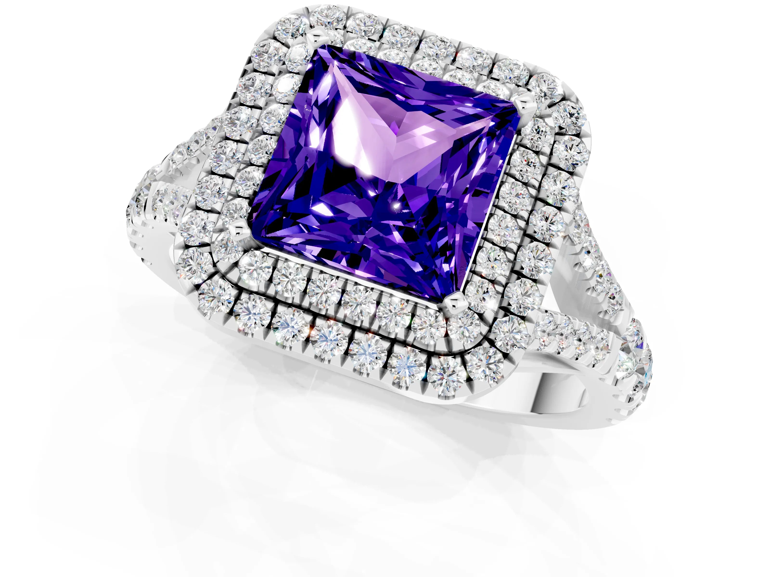 White gold Princess Cut Tanzanite Double Halo Ring with Split Shank and Prong Setting_25