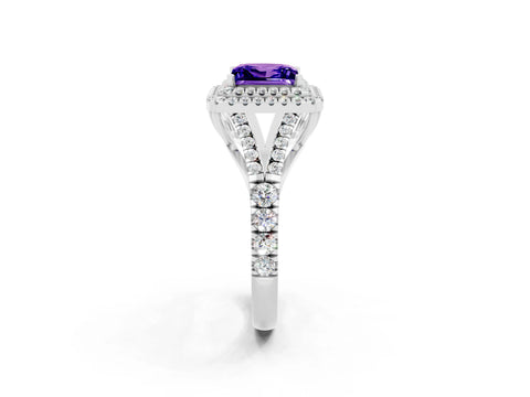 White gold Princess Cut Tanzanite Double Halo Ring with Split Shank and Prong Setting_26