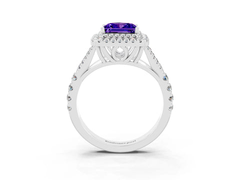 White gold Princess Cut Tanzanite Double Halo Ring with Split Shank and Prong Setting_27