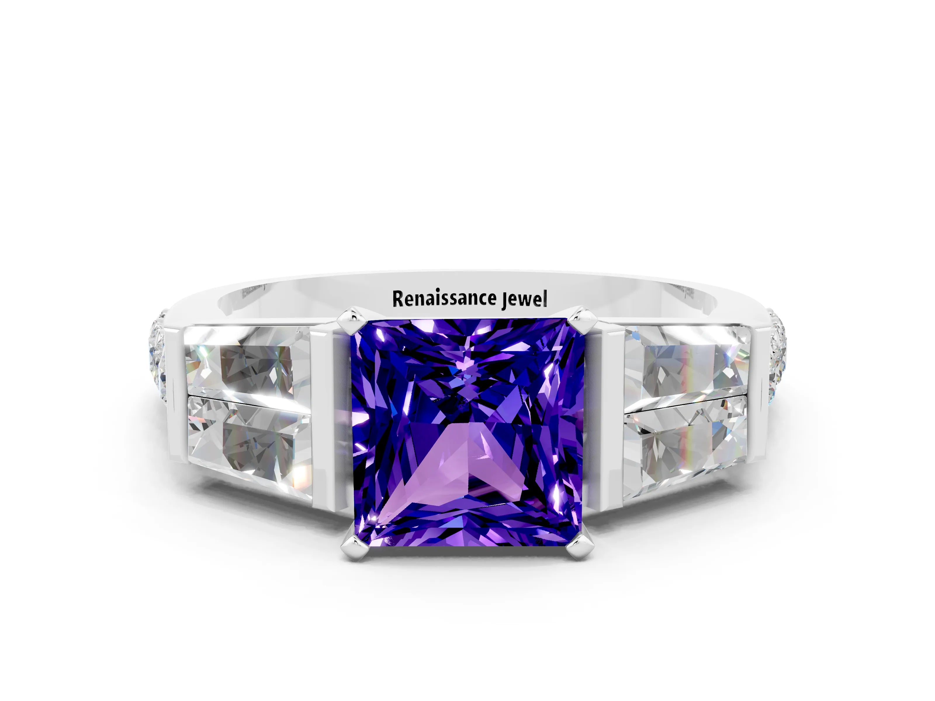 White gold Princess Cut Tanzanite Engagement Ring with Baguette Side Stones and Channel Set Band