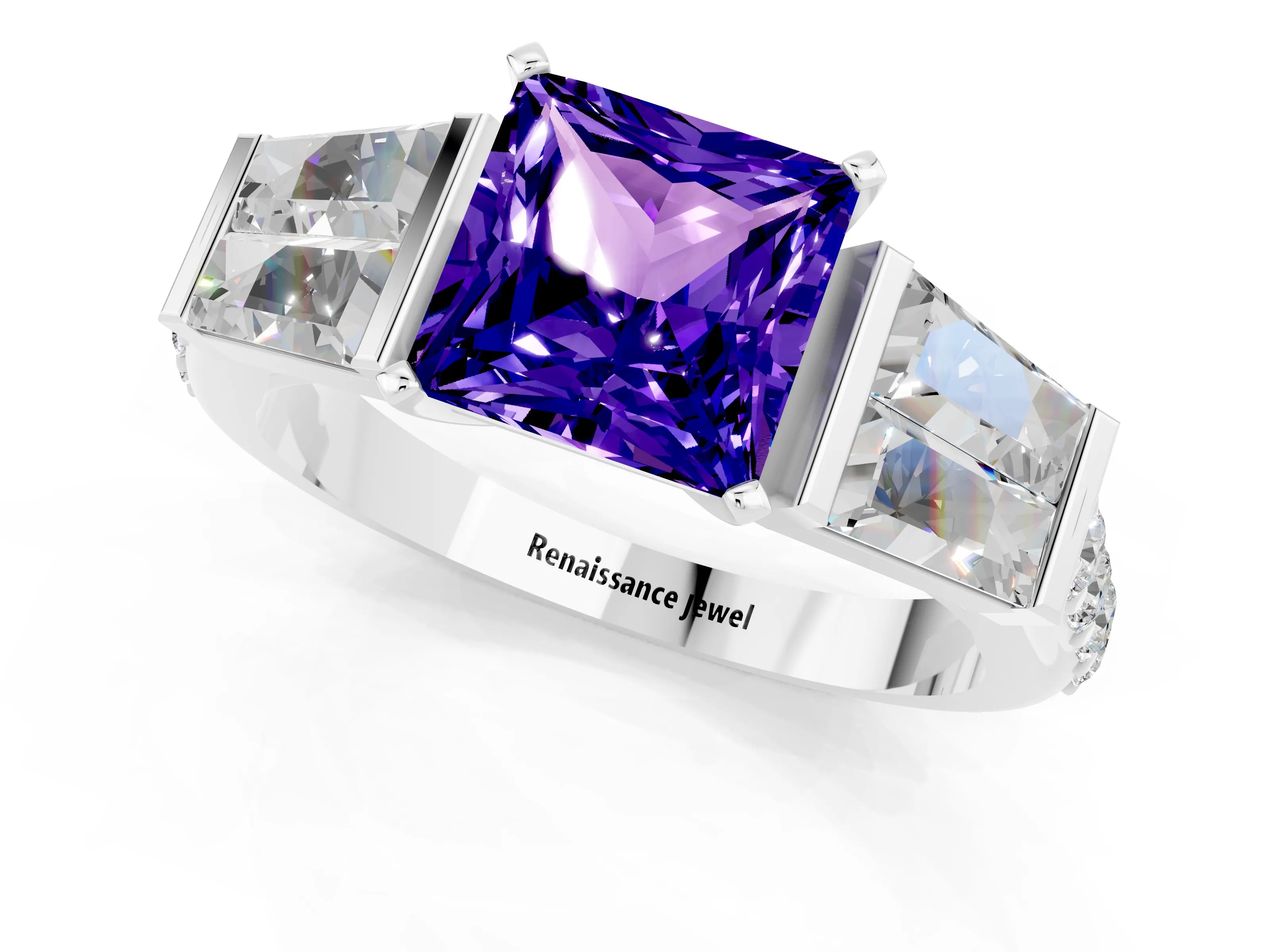 White gold Princess Cut Tanzanite Engagement Ring with Baguette Side Stones and Channel Set Band_1
