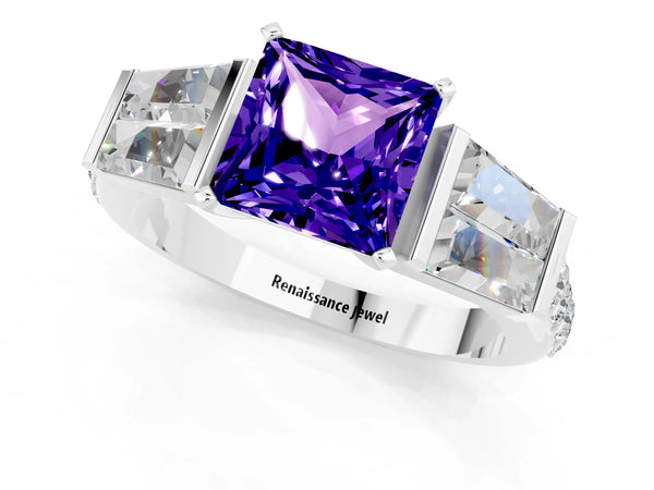 White gold Princess Cut Tanzanite Engagement Ring with Baguette Side Stones and Channel Set Band